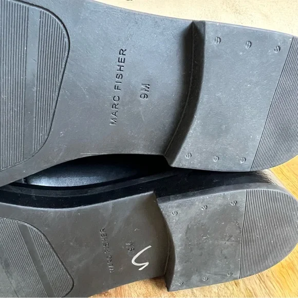 Marc Fisher Black Leather Loafers Lug with Chain Detail Slip On Festival - Picture 10 of 15